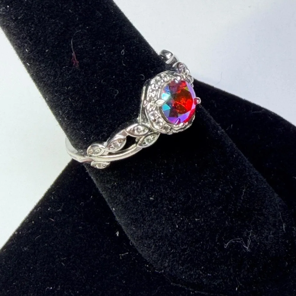 Fragrant Jewels Aurora Borealis Mystic Rainbow Vine Halo Ring Silver Tone Size 8